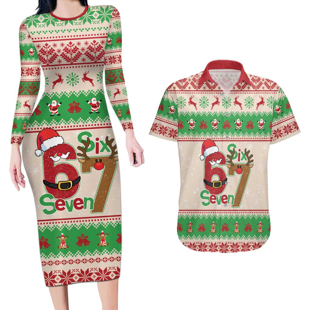 Funny Six Seven Meme Christmas Couples Matching Long Sleeve Bodycon Dress and Hawaiian Shirt Santa Says 6 7 - Wonder Print Shop