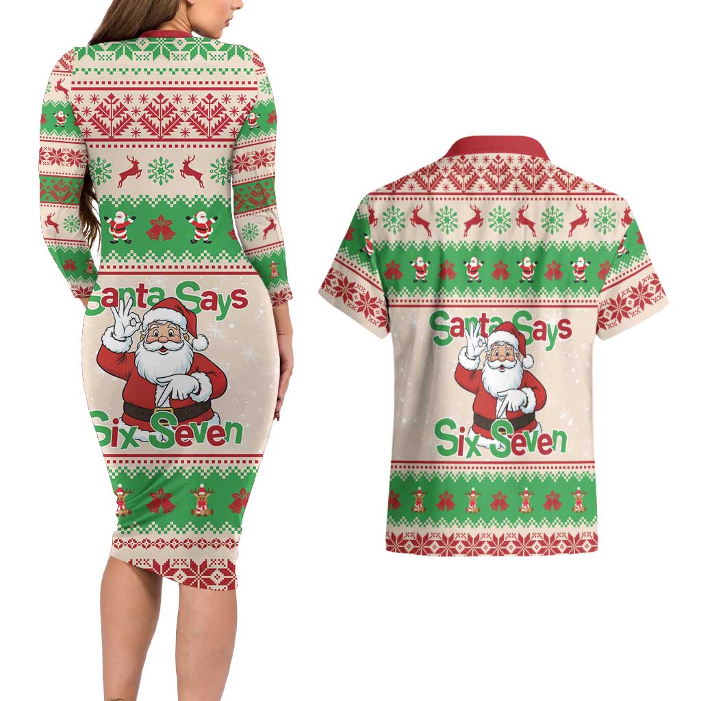 Funny Six Seven Meme Christmas Couples Matching Long Sleeve Bodycon Dress and Hawaiian Shirt Santa Says 6 7 - Wonder Print Shop