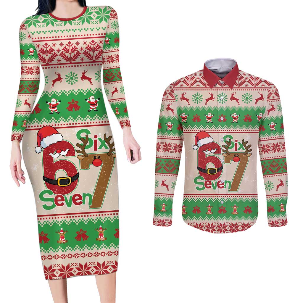 Funny Six Seven Meme Christmas Couples Matching Long Sleeve Bodycon Dress and Long Sleeve Button Shirt Santa Says 6 7 - Wonder Print Shop