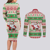 Funny Six Seven Meme Christmas Couples Matching Long Sleeve Bodycon Dress and Long Sleeve Button Shirt Santa Says 6 7 - Wonder Print Shop
