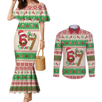 Funny Six Seven Meme Christmas Couples Matching Mermaid Dress and Long Sleeve Button Shirt Santa Says 6 7 - Wonder Print Shop