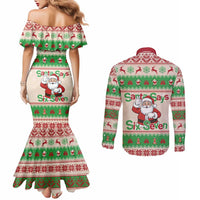 Funny Six Seven Meme Christmas Couples Matching Mermaid Dress and Long Sleeve Button Shirt Santa Says 6 7 - Wonder Print Shop