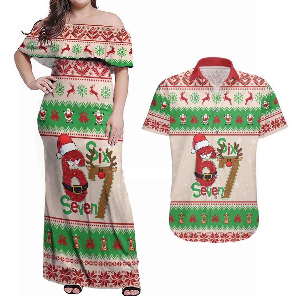 Funny Six Seven Meme Christmas Couples Matching Off Shoulder Maxi Dress and Hawaiian Shirt Santa Says 6 7 - Wonder Print Shop