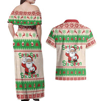 Funny Six Seven Meme Christmas Couples Matching Off Shoulder Maxi Dress and Hawaiian Shirt Santa Says 6 7 - Wonder Print Shop