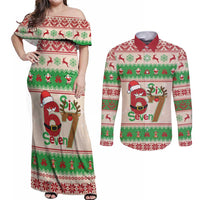 Funny Six Seven Meme Christmas Couples Matching Off Shoulder Maxi Dress and Long Sleeve Button Shirt Santa Says 6 7 - Wonder Print Shop