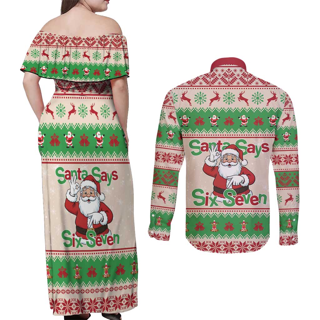Funny Six Seven Meme Christmas Couples Matching Off Shoulder Maxi Dress and Long Sleeve Button Shirt Santa Says 6 7 - Wonder Print Shop