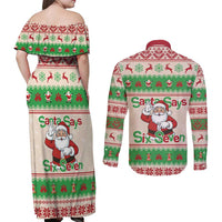 Funny Six Seven Meme Christmas Couples Matching Off Shoulder Maxi Dress and Long Sleeve Button Shirt Santa Says 6 7 - Wonder Print Shop