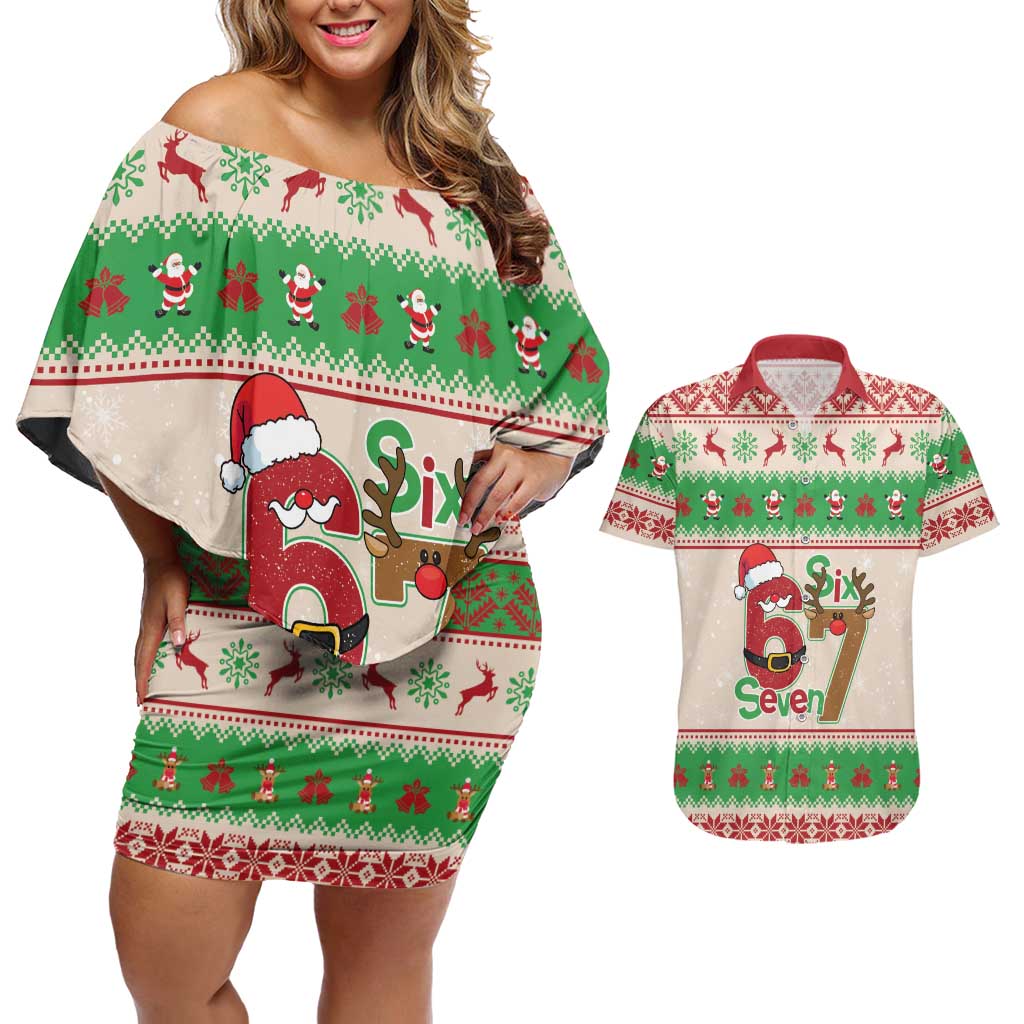Funny Six Seven Meme Christmas Couples Matching Off Shoulder Short Dress and Hawaiian Shirt Santa Says 6 7 - Wonder Print Shop