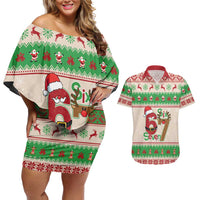 Funny Six Seven Meme Christmas Couples Matching Off Shoulder Short Dress and Hawaiian Shirt Santa Says 6 7 - Wonder Print Shop