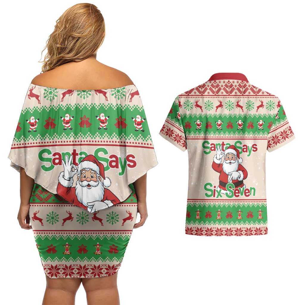 Funny Six Seven Meme Christmas Couples Matching Off Shoulder Short Dress and Hawaiian Shirt Santa Says 6 7 - Wonder Print Shop