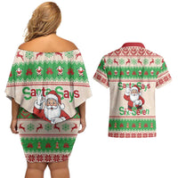 Funny Six Seven Meme Christmas Couples Matching Off Shoulder Short Dress and Hawaiian Shirt Santa Says 6 7 - Wonder Print Shop