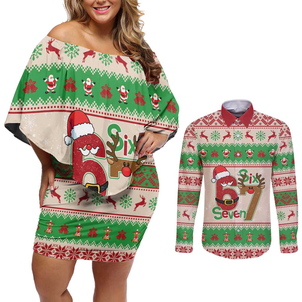 Funny Six Seven Meme Christmas Couples Matching Off Shoulder Short Dress and Long Sleeve Button Shirt Santa Says 6 7 - Wonder Print Shop