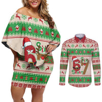 Funny Six Seven Meme Christmas Couples Matching Off Shoulder Short Dress and Long Sleeve Button Shirt Santa Says 6 7 - Wonder Print Shop