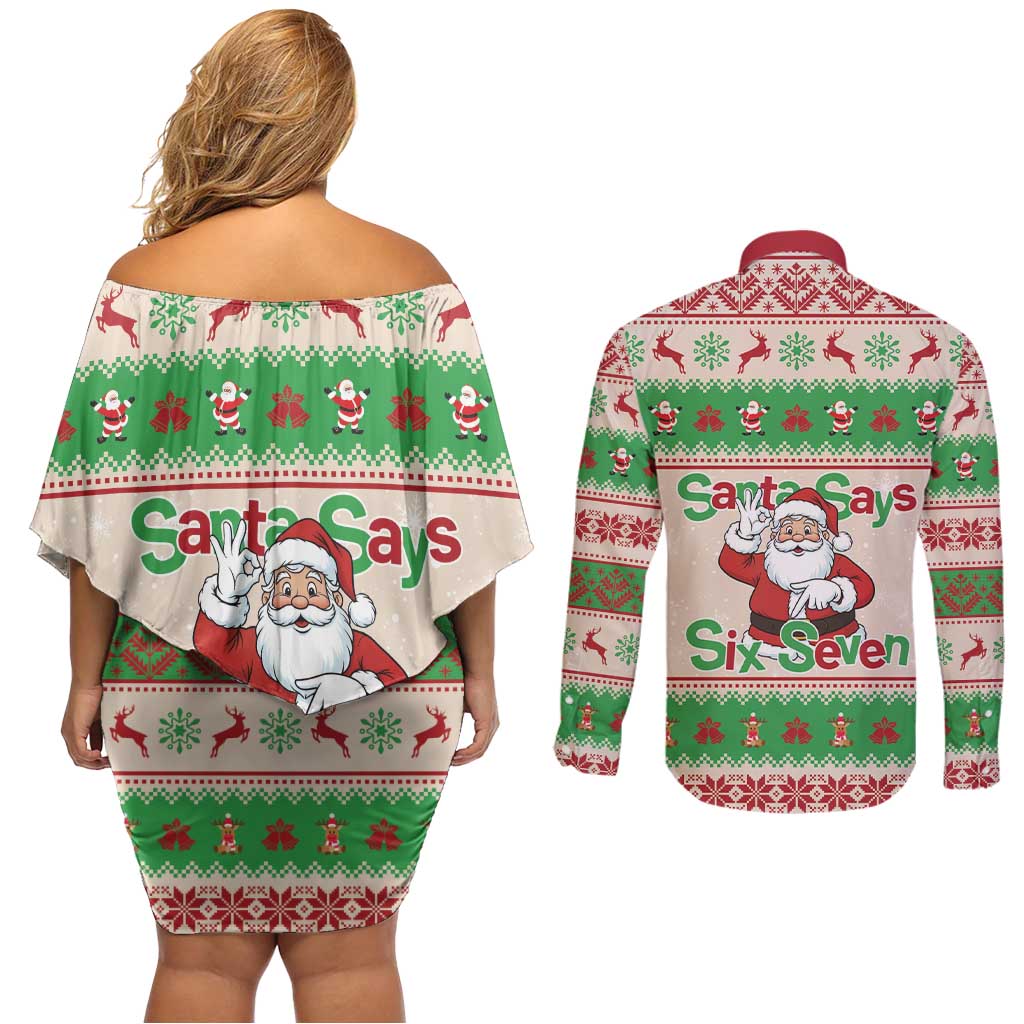 Funny Six Seven Meme Christmas Couples Matching Off Shoulder Short Dress and Long Sleeve Button Shirt Santa Says 6 7 - Wonder Print Shop