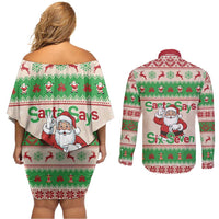 Funny Six Seven Meme Christmas Couples Matching Off Shoulder Short Dress and Long Sleeve Button Shirt Santa Says 6 7 - Wonder Print Shop