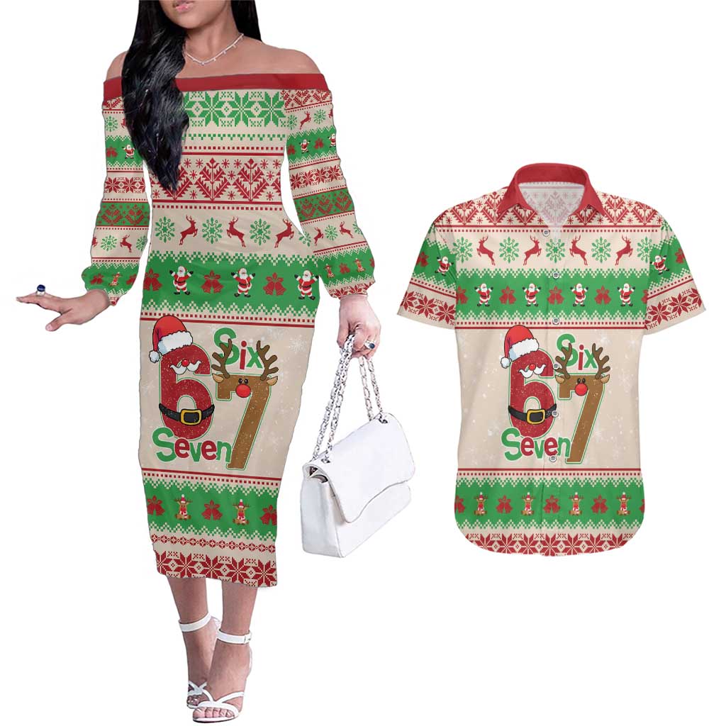 Funny Six Seven Meme Christmas Couples Matching Off The Shoulder Long Sleeve Dress and Hawaiian Shirt Santa Says 6 7 - Wonder Print Shop