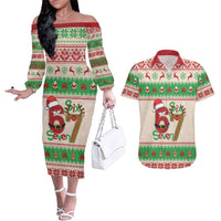 Funny Six Seven Meme Christmas Couples Matching Off The Shoulder Long Sleeve Dress and Hawaiian Shirt Santa Says 6 7 - Wonder Print Shop