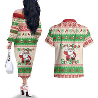Funny Six Seven Meme Christmas Couples Matching Off The Shoulder Long Sleeve Dress and Hawaiian Shirt Santa Says 6 7 - Wonder Print Shop