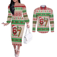 Funny Six Seven Meme Christmas Couples Matching Off The Shoulder Long Sleeve Dress and Long Sleeve Button Shirt Santa Says 6 7 - Wonder Print Shop