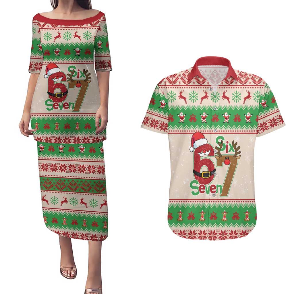 Funny Six Seven Meme Christmas Couples Matching Puletasi and Hawaiian Shirt Santa Says 6 7 - Wonder Print Shop