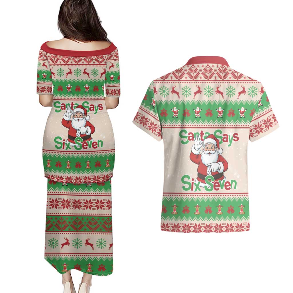 Funny Six Seven Meme Christmas Couples Matching Puletasi and Hawaiian Shirt Santa Says 6 7 - Wonder Print Shop