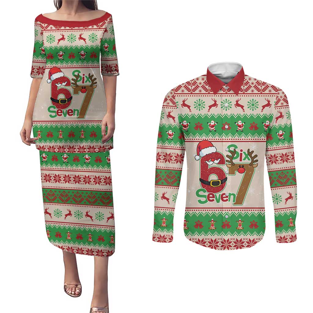Funny Six Seven Meme Christmas Couples Matching Puletasi and Long Sleeve Button Shirt Santa Says 6 7 - Wonder Print Shop