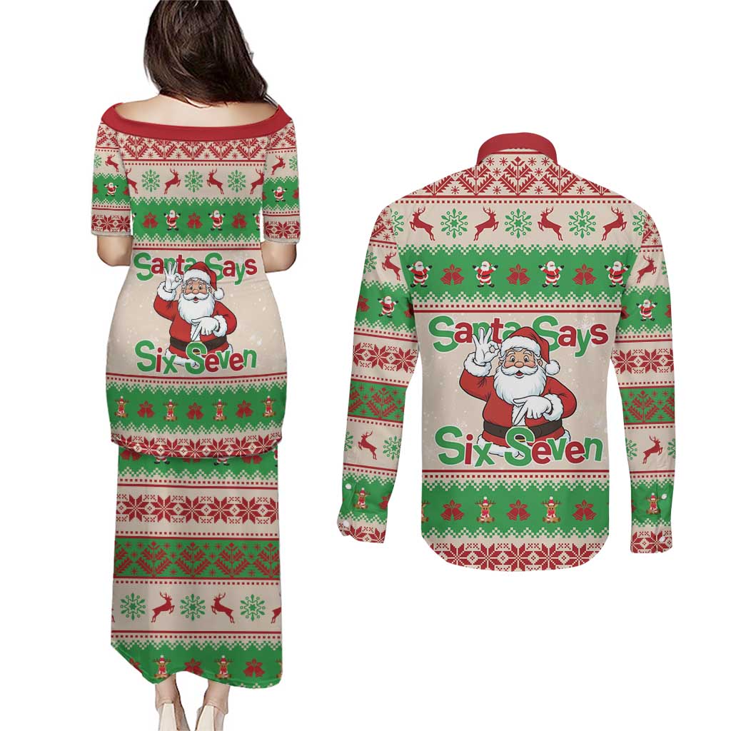 Funny Six Seven Meme Christmas Couples Matching Puletasi and Long Sleeve Button Shirt Santa Says 6 7 - Wonder Print Shop
