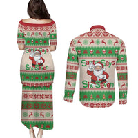 Funny Six Seven Meme Christmas Couples Matching Puletasi and Long Sleeve Button Shirt Santa Says 6 7 - Wonder Print Shop