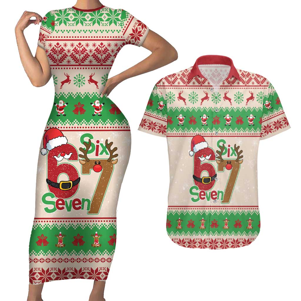 Funny Six Seven Meme Christmas Couples Matching Short Sleeve Bodycon Dress and Hawaiian Shirt Santa Says 6 7 - Wonder Print Shop