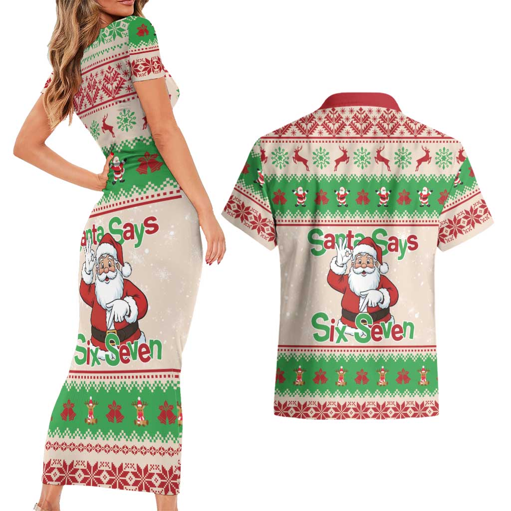 Funny Six Seven Meme Christmas Couples Matching Short Sleeve Bodycon Dress and Hawaiian Shirt Santa Says 6 7 - Wonder Print Shop