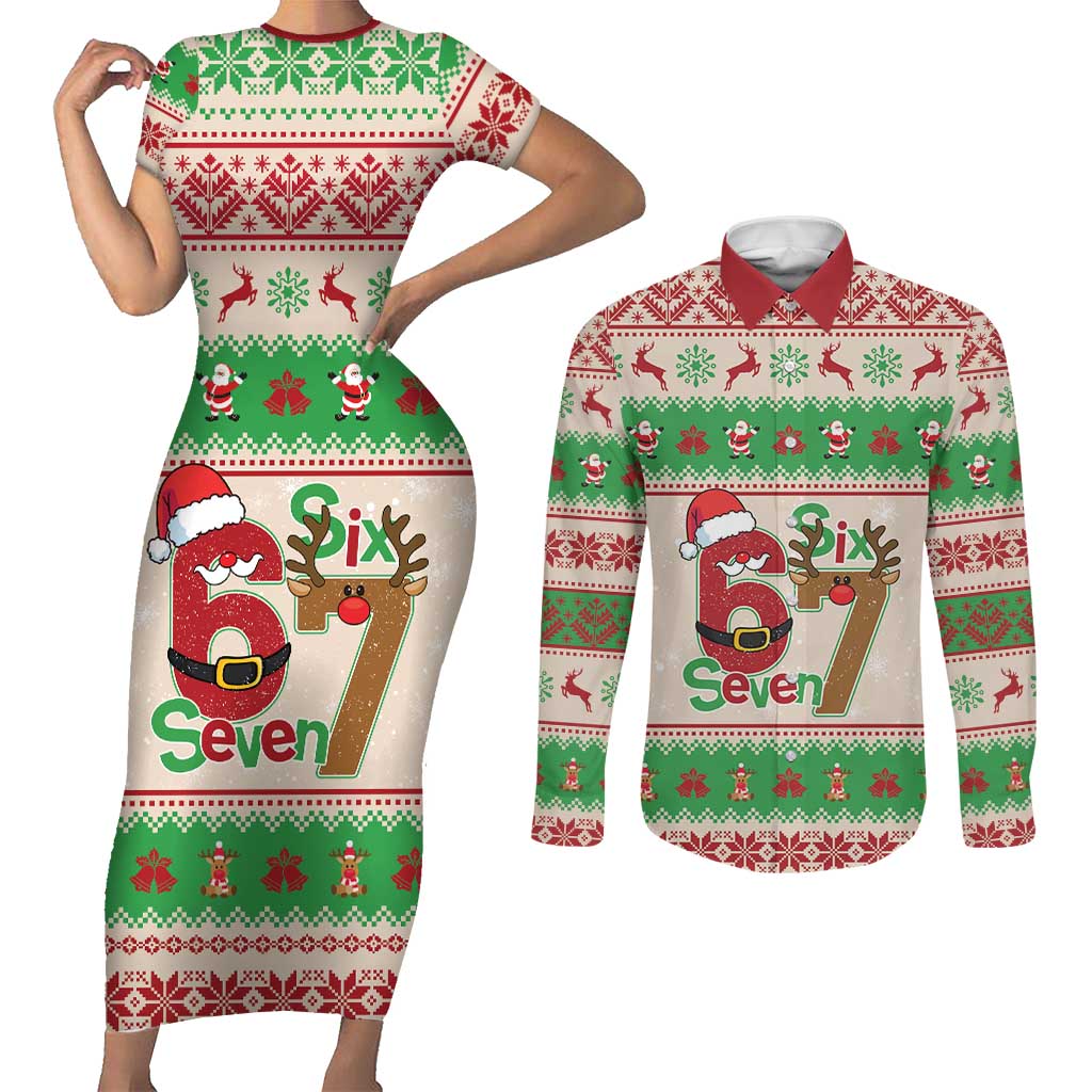 Funny Six Seven Meme Christmas Couples Matching Short Sleeve Bodycon Dress and Long Sleeve Button Shirt Santa Says 6 7 - Wonder Print Shop