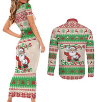 Funny Six Seven Meme Christmas Couples Matching Short Sleeve Bodycon Dress and Long Sleeve Button Shirt Santa Says 6 7 - Wonder Print Shop