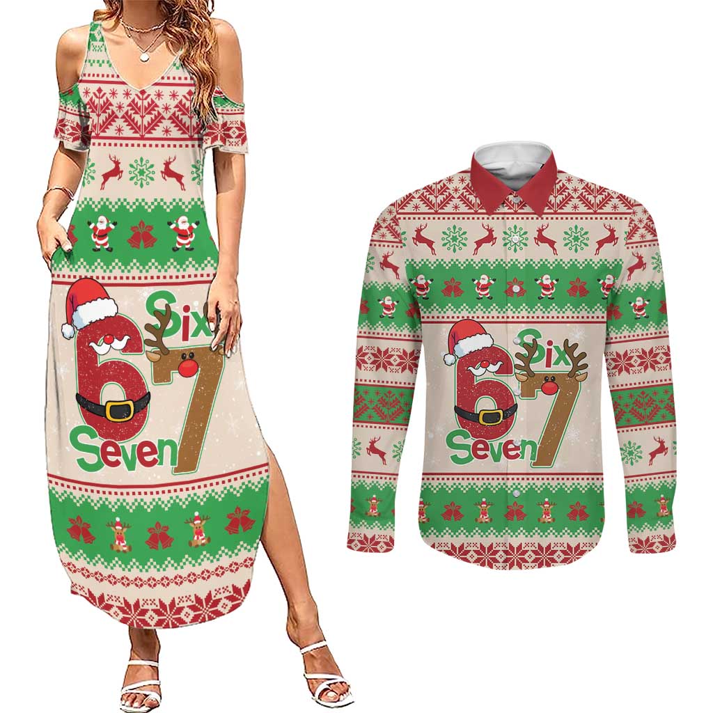 Funny Six Seven Meme Christmas Couples Matching Summer Maxi Dress and Long Sleeve Button Shirt Santa Says 6 7 - Wonder Print Shop