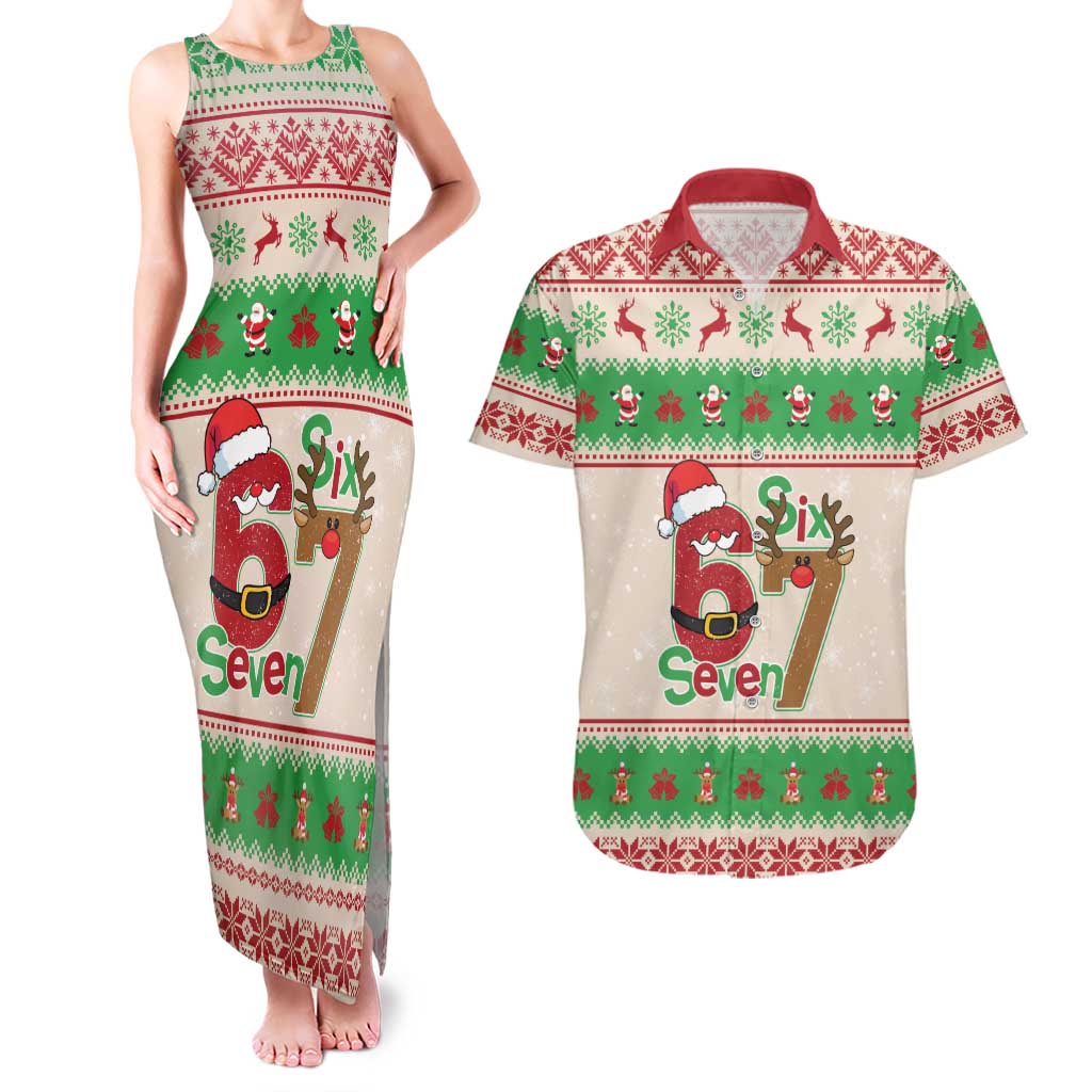 Funny Six Seven Meme Christmas Couples Matching Tank Maxi Dress and Hawaiian Shirt Santa Says 6 7 - Wonder Print Shop