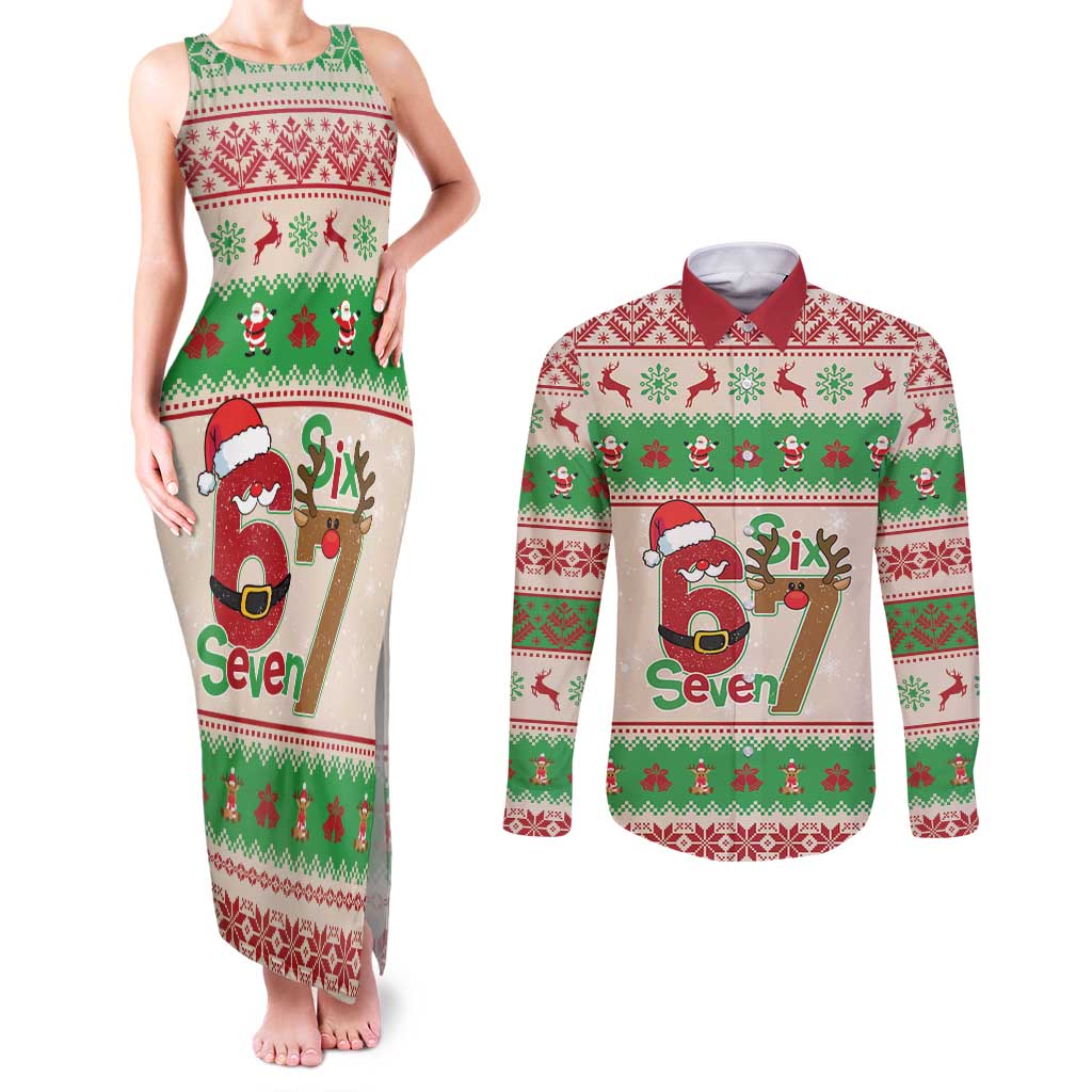 Funny Six Seven Meme Christmas Couples Matching Tank Maxi Dress and Long Sleeve Button Shirt Santa Says 6 7 - Wonder Print Shop