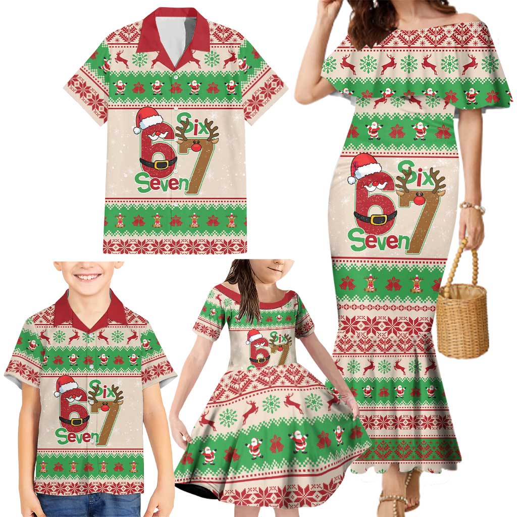 Funny Six Seven Meme Christmas Family Matching Mermaid Dress and Hawaiian Shirt Santa Says 6 7 - Wonder Print Shop