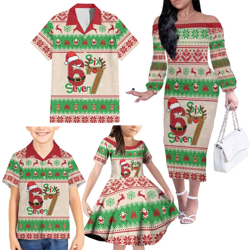 Funny Six Seven Meme Christmas Family Matching Off The Shoulder Long Sleeve Dress and Hawaiian Shirt Santa Says 6 7 - Wonder Print Shop