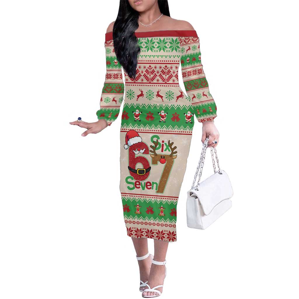 Funny Six Seven Meme Christmas Family Matching Off The Shoulder Long Sleeve Dress and Hawaiian Shirt Santa Says 6 7 - Wonder Print Shop
