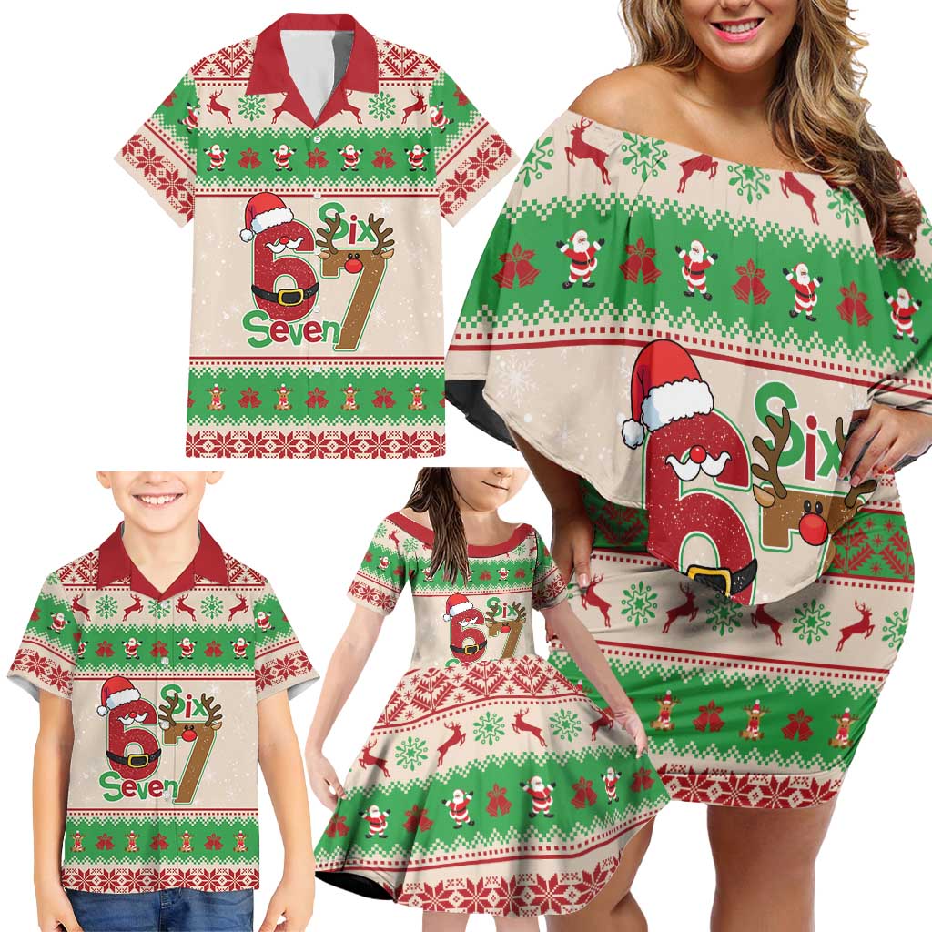 Funny Six Seven Meme Christmas Family Matching Off Shoulder Short Dress and Hawaiian Shirt Santa Says 6 7 - Wonder Print Shop