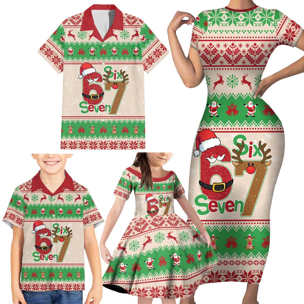 Funny Six Seven Meme Christmas Family Matching Short Sleeve Bodycon Dress and Hawaiian Shirt Santa Says 6 7 - Wonder Print Shop
