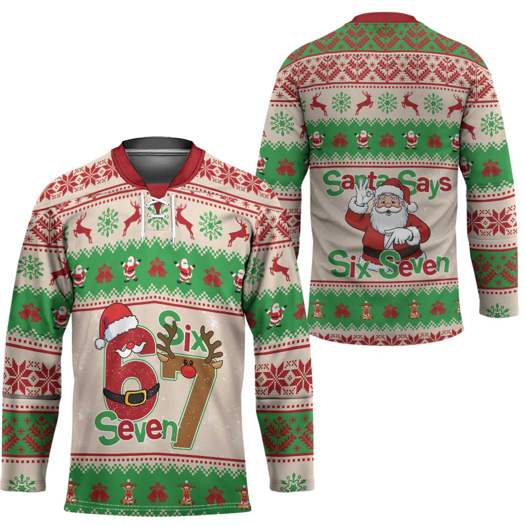 Funny Six Seven Meme Christmas Hockey Jersey Santa Says 6 7 - Wonder Print Shop