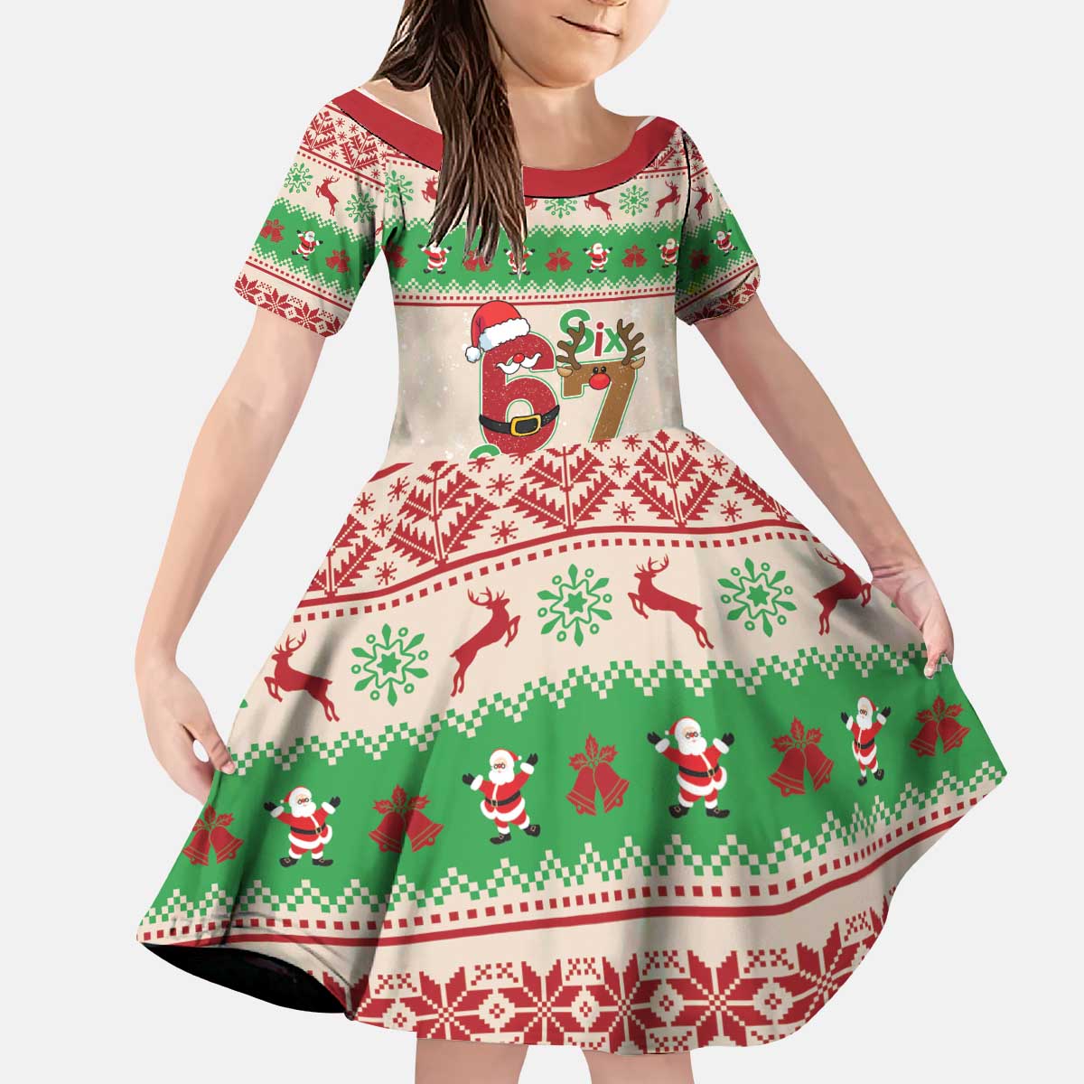 Funny Six Seven Meme Christmas Kid Short Sleeve Dress Santa Says 6 7 - Wonder Print Shop