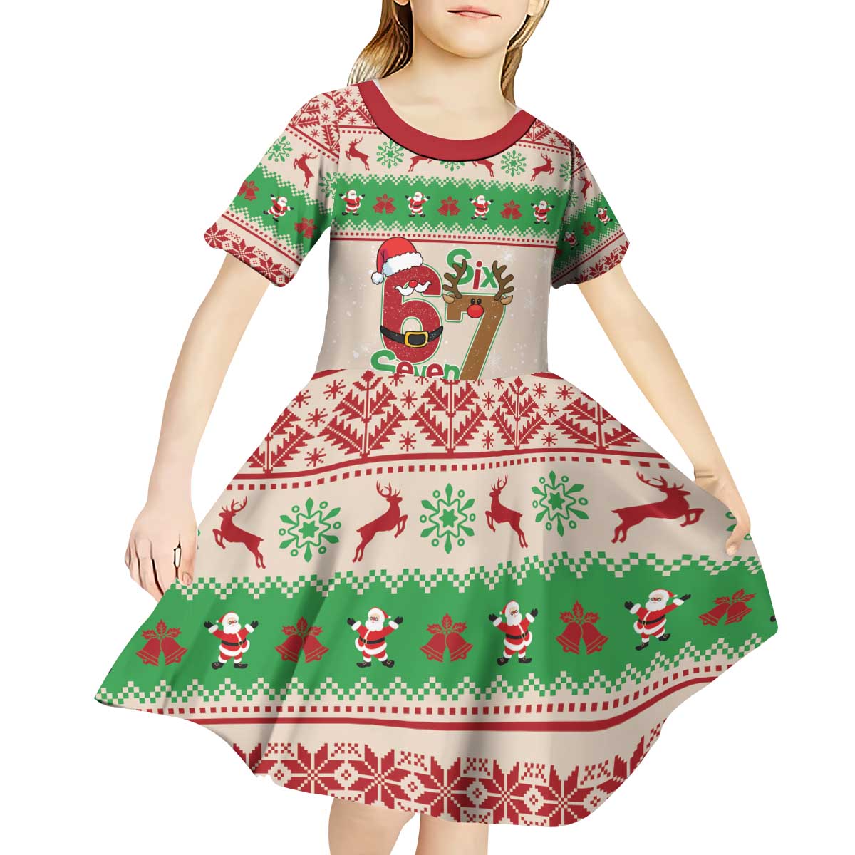 Funny Six Seven Meme Christmas Kid Short Sleeve Dress Santa Says 6 7 - Wonder Print Shop