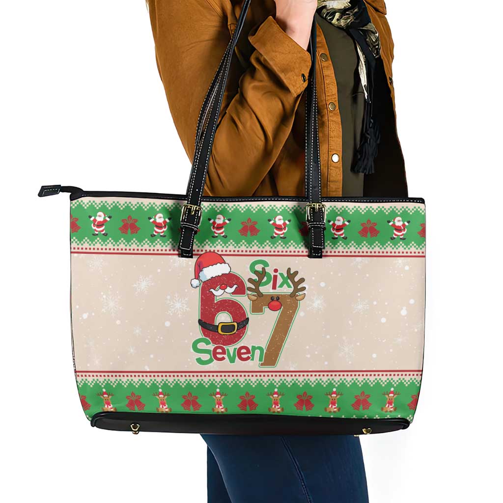 Funny Six Seven Meme Christmas Leather Tote Bag Santa Says 6 7 - Wonder Print Shop