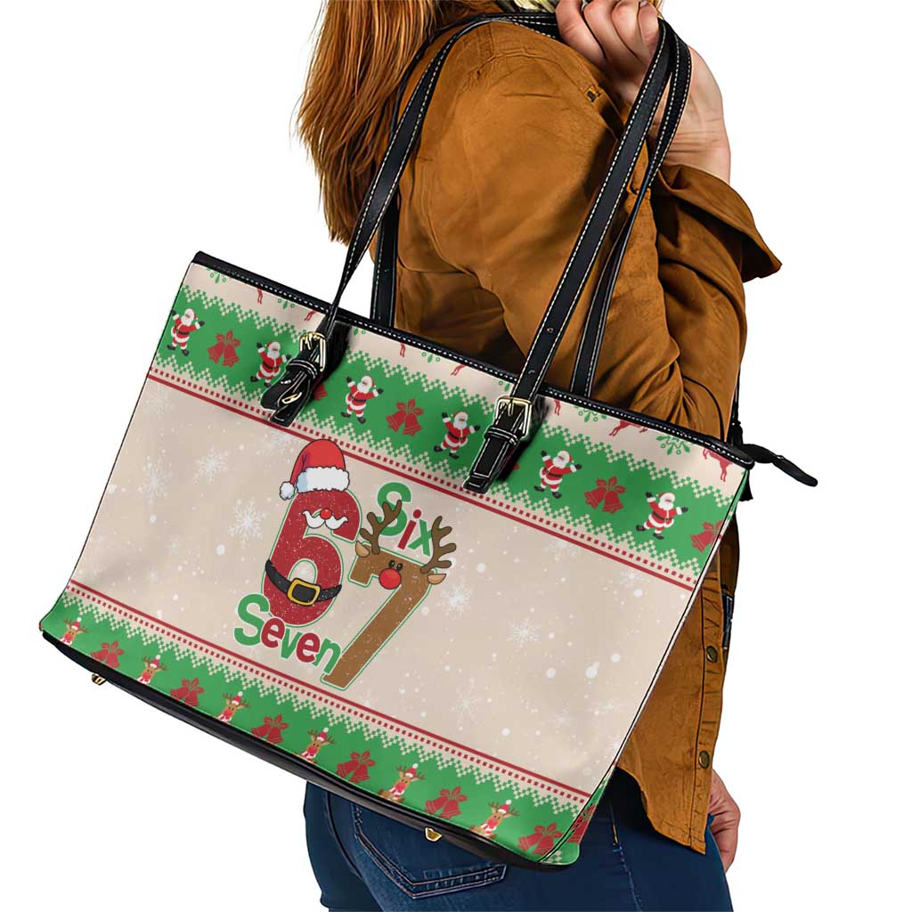 Funny Six Seven Meme Christmas Leather Tote Bag Santa Says 6 7 - Wonder Print Shop