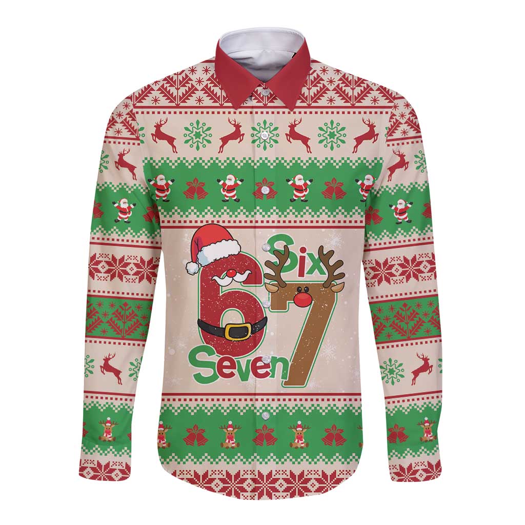 Funny Six Seven Meme Christmas Long Sleeve Button Shirt Santa Says 6 7 - Wonder Print Shop
