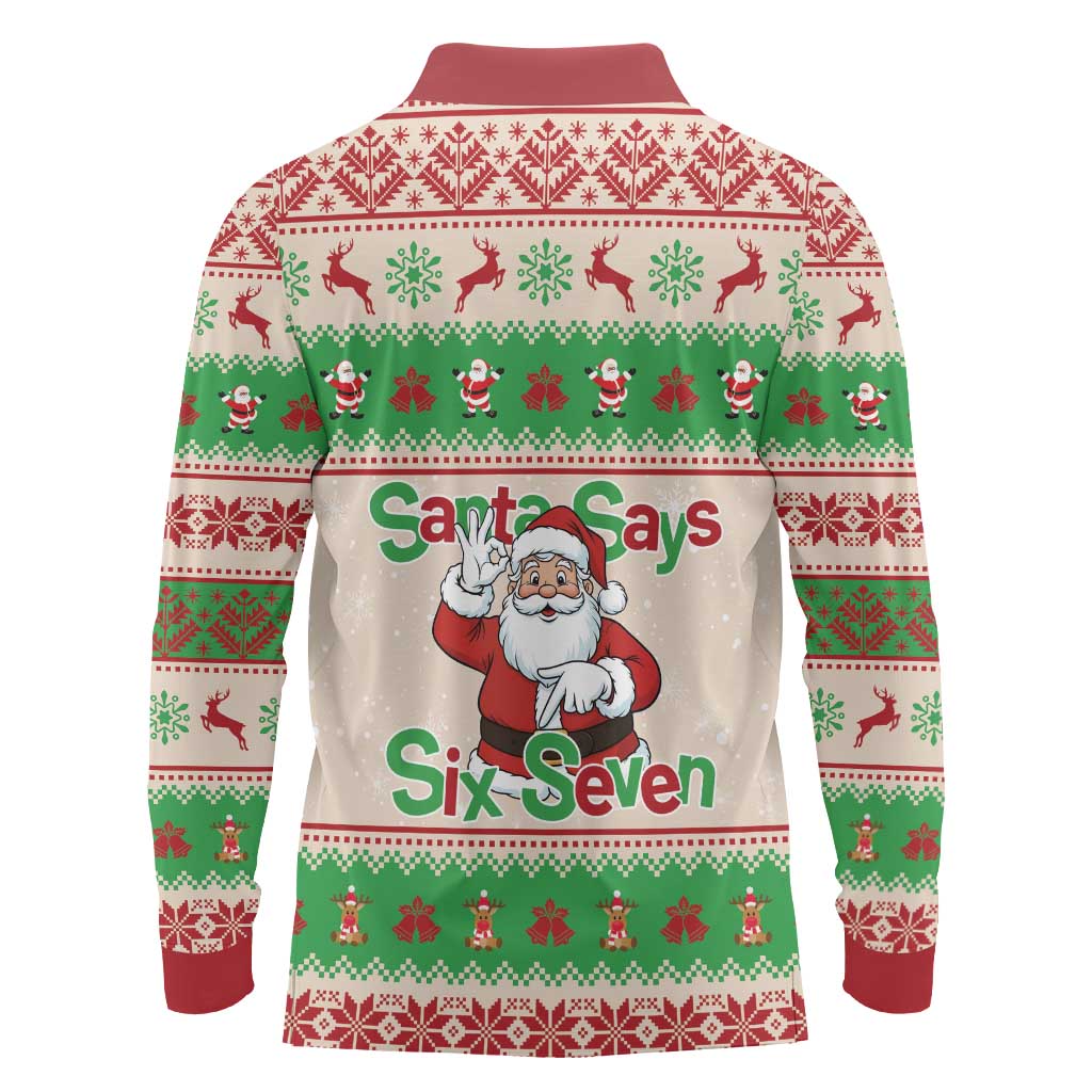 Funny Six Seven Meme Christmas Long Sleeve Polo Shirt Santa Says 6 7 - Wonder Print Shop
