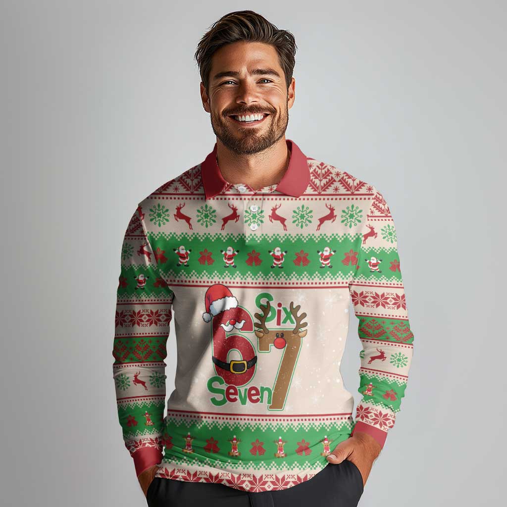 Funny Six Seven Meme Christmas Long Sleeve Polo Shirt Santa Says 6 7 - Wonder Print Shop