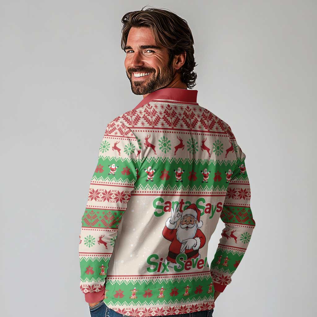 Funny Six Seven Meme Christmas Long Sleeve Polo Shirt Santa Says 6 7 - Wonder Print Shop