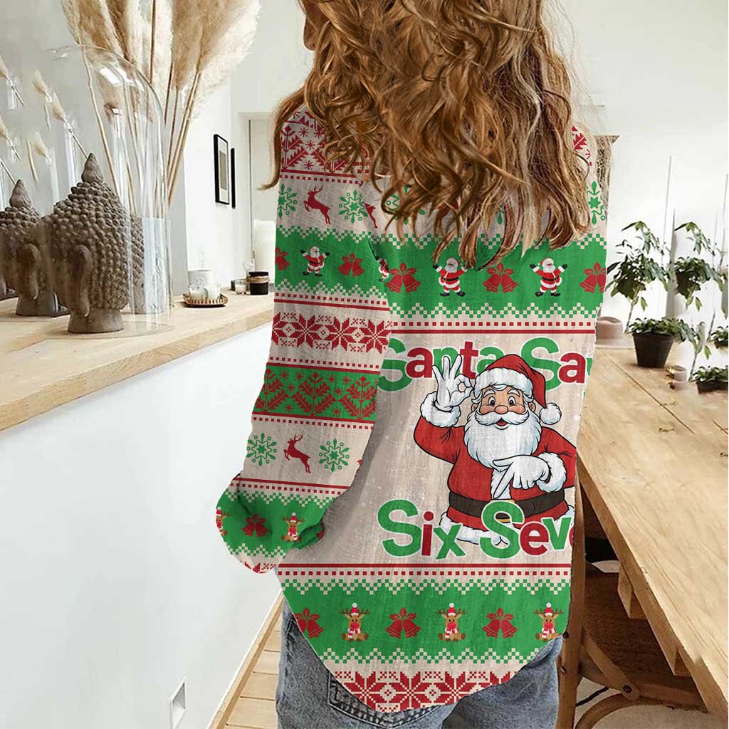 Funny Six Seven Meme Christmas Women Casual Shirt Santa Says 6 7 - Wonder Print Shop